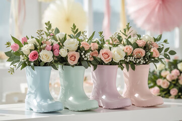 Playful pastel rain boots holding colorful spring flower arrangements, cheerful nursery or delightful home decor.