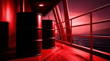 Mysterious Red Light Illuminating the Deck of a Boat at Night Creating an Intriguing Atmosphere with Reflections and Shadows on the Water Surface