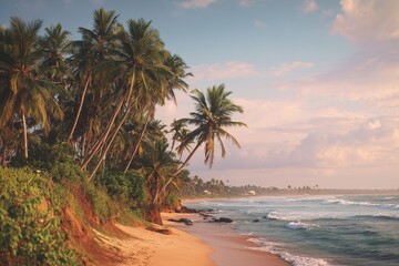 Fototapeta premium Cinematic wide shot of a tropical beach with palm trees and waves under a clear blue sky,capturing the serene beauty with photorealistic quality and high-resolution detail