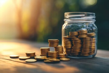 Personal finance concept with savings jar and increasing columns of gold coins beside it