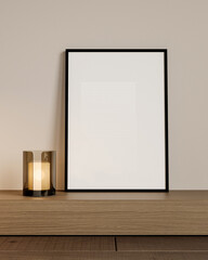 Mockup para cuadro vertical sobre mueble de madera, 3d render