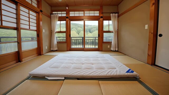 Traditional japanese room with tatami mats, a futon mattress, and a view of the countryside, creating a serene and minimalist space for relaxation and contemplation