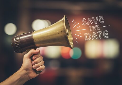 Hand Holding Megaphone with 'Save the Date' Announcement