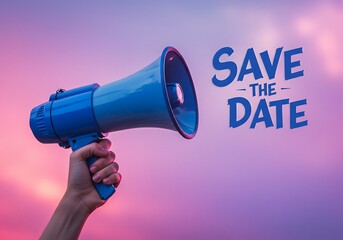 Hand Holding Megaphone with 'Save the Date' Announcement Against Sunset Sky