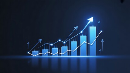 Blue 3 D bar graph with rising arrow and line chart on dark background bar chart