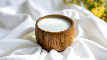 Wooden Bowl of White Cream Nestled in Silk Folds 