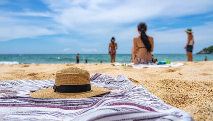 南国の海で日焼けする女性の後ろ姿と帽子　generative ai
