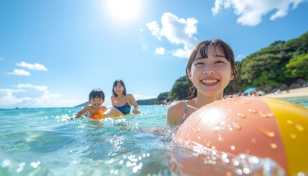 南国の海でビーチボールで遊ぶ日本人　generative ai