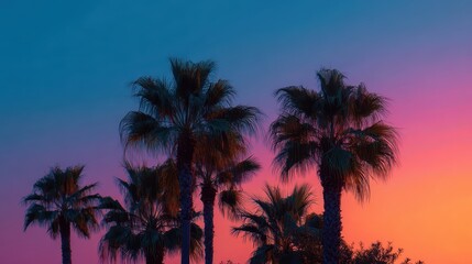 Palm trees silhouetted against a vibrant, colorful sunset sky. Perfect for travel blogs, summer themes, or tropical designs.