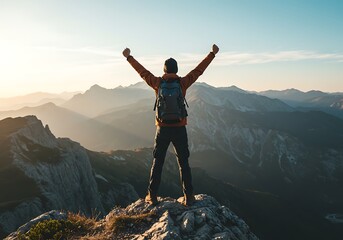 Victorious Hiker Celebrating on Mountain Peak at Sunset