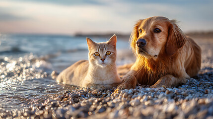A serene beach scene featuring a golden retriever and a cat relaxing by the shore at sunset
