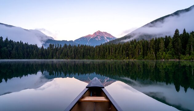 Bow of a canoe on a glassy, still lake reflecting a majestic mountain landscape and foggy forest at dawn.