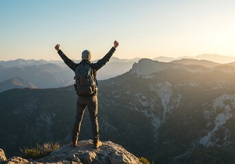 Victorious Hiker Celebrating on Mountain Peak at Sunset