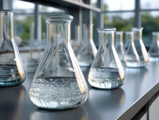 A Row of Clear Glass Flasks Arranged Neatly on a Wooden Table Showcasing the Elegance and Simplicity of Laboratory Equipment in Natural Light