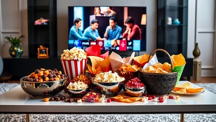 Group of Sweet and Salty Snacks, Perfect for Binge Watching tv