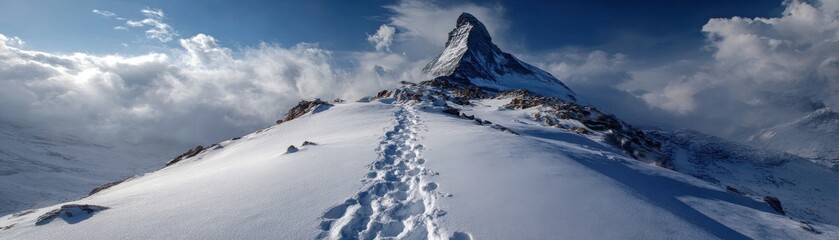 Snow-covered mountain peak with a trail of footprints leading to the summit under a dramatic cloudy sky.