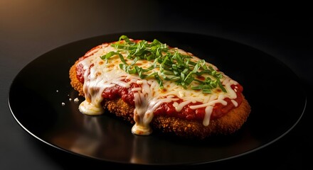 Delicious Crispy Chicken Parmesan Dish with Cheese and Herbs on a Black Plate, Gourmet Food Photography, Studio Lighting