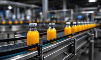 Vibrant Display of Freshly Squeezed Orange Juice Bottles Arranged Neatly with Bright Colors Evoking a Refreshing and Inviting Morning Atmosphere