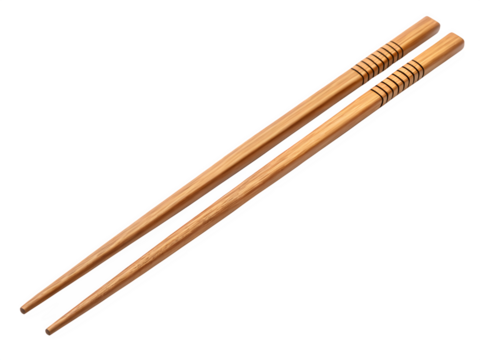 Pair of wooden chopsticks with decorative bands on a black background