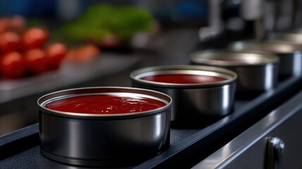 Close Up of Vibrant Red Tomato Sauce Can Highlighting Glossy Surface and Rich Colorful Label Evoking Freshness and Culinary Inspiration in Kitchen