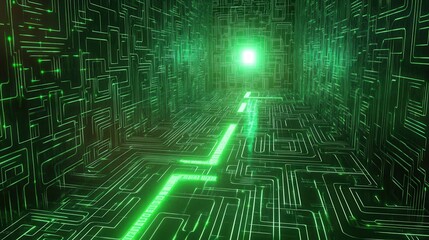 Obraz premium Futuristic circuit pathway with glowing green lines.