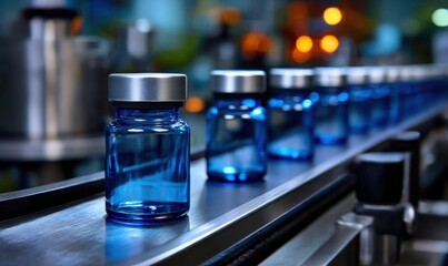 A Row of Vibrant Blue Bottles on a Conveyor Belt Highlighting the Beauty of Colorful Packaging in a Modern Industrial Setting with Bright Lighting
