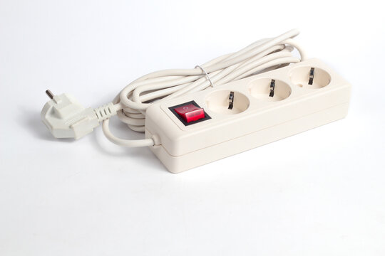 white extension cord featuring a power strip with three outlets and a red switch, set against a neutral white background.