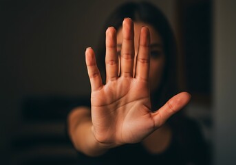 Stop Hand Gesture with Blurred Woman in Background