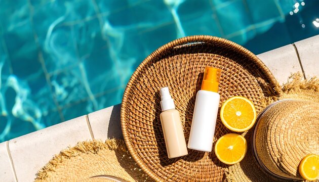 Sunscreen and skincare essentials on a wicker tray with fresh oranges by a sparkling swimming pool on a sunny day
