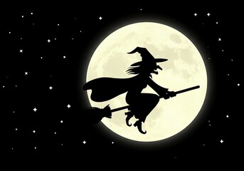 Silhouette of a Witch Flying on a Broomstick Against a Full Moon