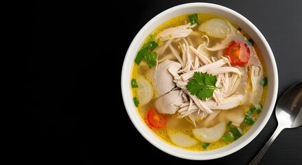 Delicious Chicken Soup Preparation, Home Kitchen, Food Photography, Cozy Environment, Top View, Comforting Dish