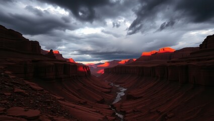 Grand canyon landscape with river and dramatic clouds at sunset casting red light on the rocks