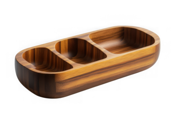 Acacia wood serving tray with three compartments condiment server wooden dish platter elegant design kitchenware home decor isolated on transparent background