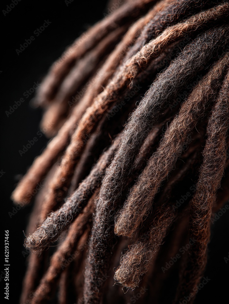 Poster detailed view of dreadlocks showcasing texture and color against a dark vignette backdrop