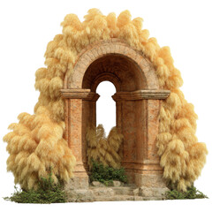 botanical boho arch frame with pampas grass and dry golden leaves isolated on transparent background