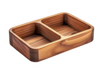 Wooden divided serving tray organizer, rustic wood condiment caddy, tableware storage container, kitchen utensil holder, decorative box isolated on transparent background