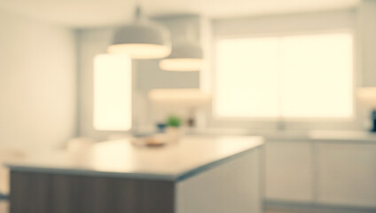 Blurred kitchen interior featuring an island counter and overhead lighting fixture.Premium modern kitchen photos for professional poster, banner and brochure designs