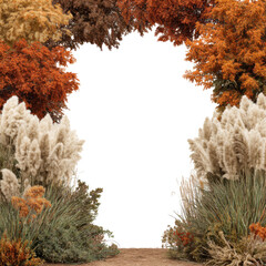botanical boho arch frame with pampas grass and dry golden leaves isolated on transparent background