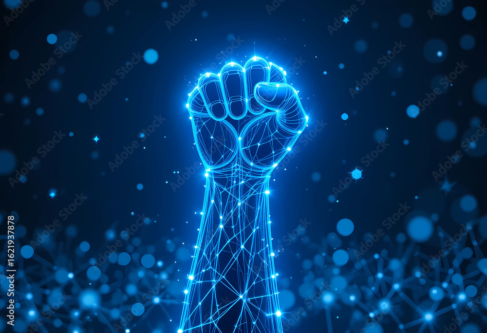 Aufkleber digital blue hand raised in a fist with glowing network lines and bokeh lights on a dark background