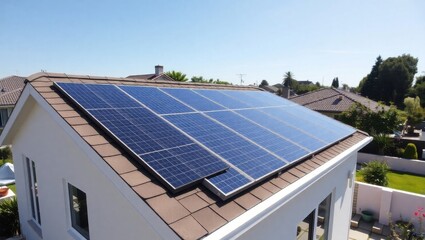 Solar panels installed on a roof of a residential house on a sunny day from an aerial perspective