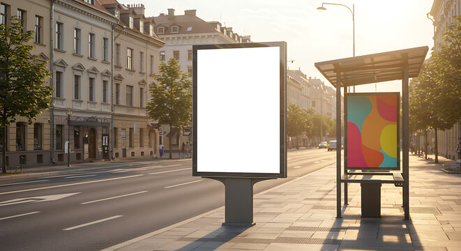 Vertical Blank Billboard Mockup at City Bus Stop