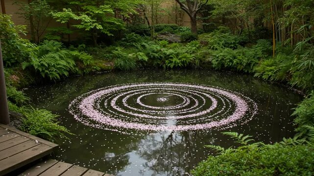 Serene pond with cherry blossom petals in circular pattern