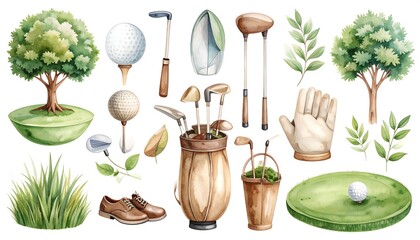 Watercolor golf equipment and landscape elements, perfect for golfing themes or illustrations
