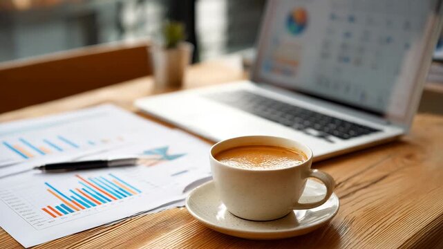 Coffee break while analyzing financial reports at the office.