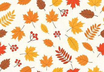 Obraz premium A seamless pattern of scattered autumn maple leaves and rowan berries in vibrant orange, yellow, red, and brown hues on a textured cream background