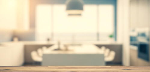 Blurred kitchen interior with island chairs and large windows providing natural light.Premium modern kitchen photos for professional poster, banner and brochure designs