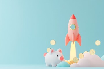 Minimalist pastel-colored render of piggy bank and coin-launching rocket, savings and growth theme