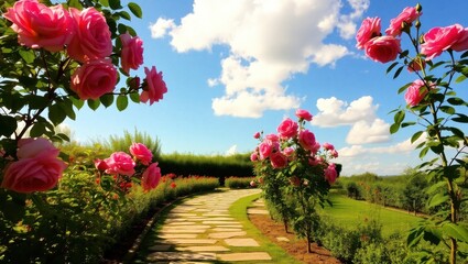 Rose Garden Path Under a Blue Sky
