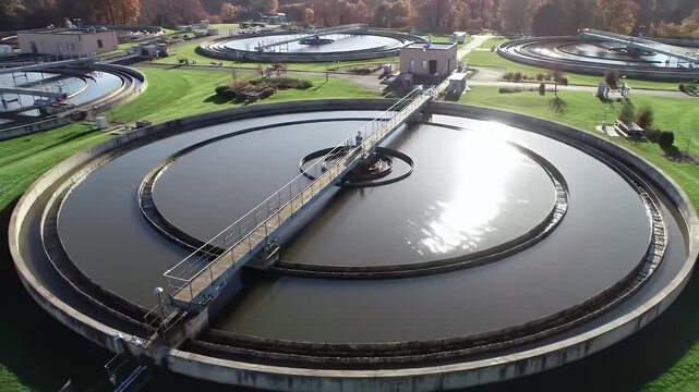 High Angle Sunlit Aerial View of Circular Water Treatment Facility Featuring Concentric Tanks With Green Lawns and Scattered Trees For Environmental Stewardship And Sustainable Water Management