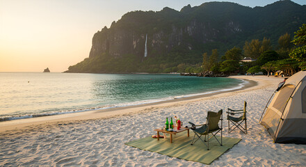 Outdoor beach picnic scene, mat with cool drinks, camping chairs facing sea, tent beside campervan, soft white sand, clear turquoise waves, distant mountain